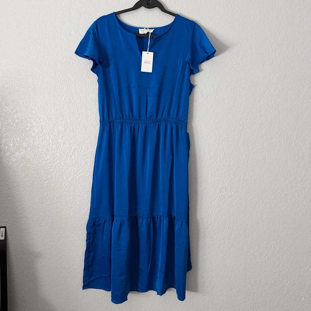Lucky Brand Cobalt Blue Short Sleeve Tiered Midi Dress